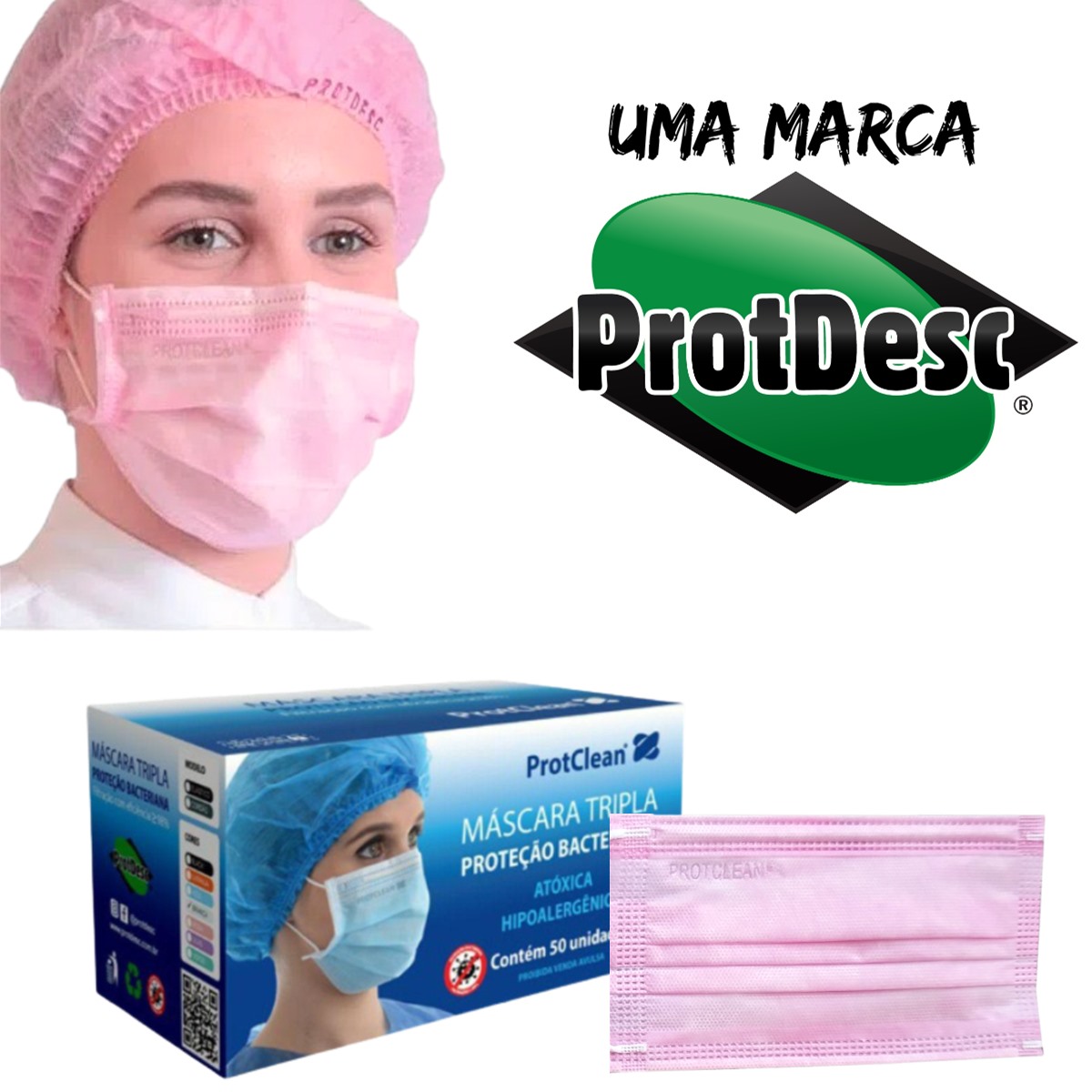 Máscara Tripla Descartável PROT CLEAN - ATACADO - 15 Caixas - 750un - ROSA