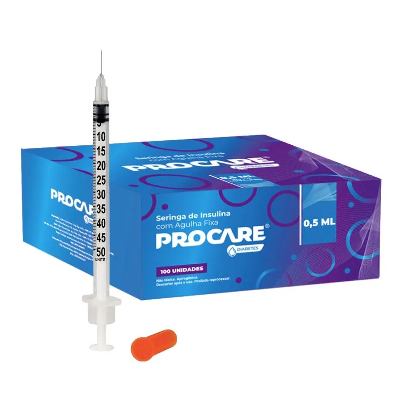Seringa Insulina 0,5ml Agulha Fixa 6mmx0,25mm Ultrafina 31G x 15/64 - 100un - Procare