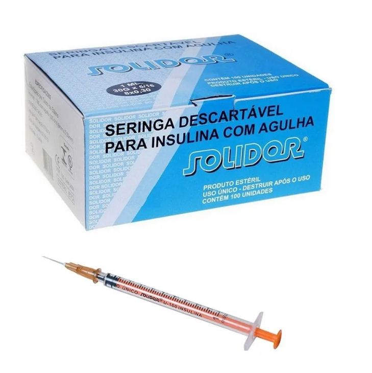 Seringa Insulina 1 ML 100 UI Agulha Removivel  - 12,7x0,33mm 29G 1/2 - 100un - SOLIDOR