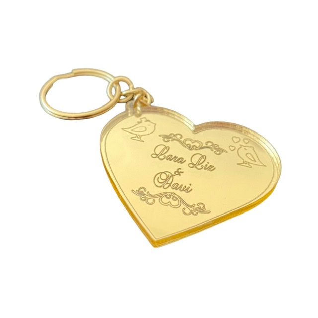 Chaveiros Casamento Acrílico Dourado Espelhado Coração Personalizados