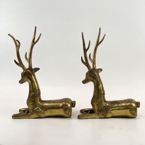 Par Escultura Antiga Cervo Veado Bronze