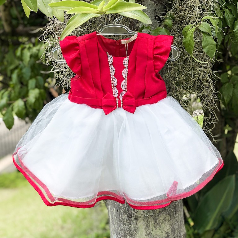 Vestido de Festa Petit Cherie em Tafetá Vermelho e Offwhite Baby