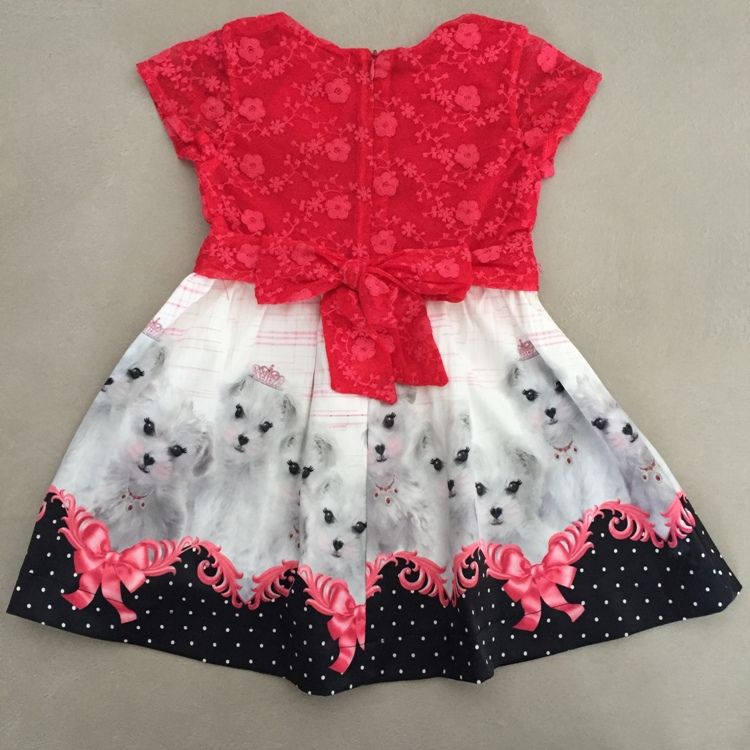 Vestido Infantil Renda Rosa Com Estampa Cachorrinhos Infanti