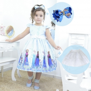 Kit vestido infantil festa Frozen Azul + laço cabelo + saia filó