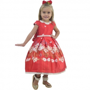 Vestido de Menina Floral Vermelho Alaranjado Luxuoso