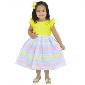 Vestido Formatura Infantil Corpo Amarelo e Saia Listrada