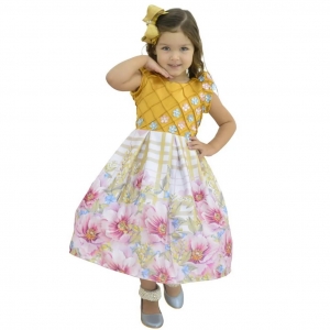 Vestido infantil Dourado com Saia Floral Luxuoso - Outlet