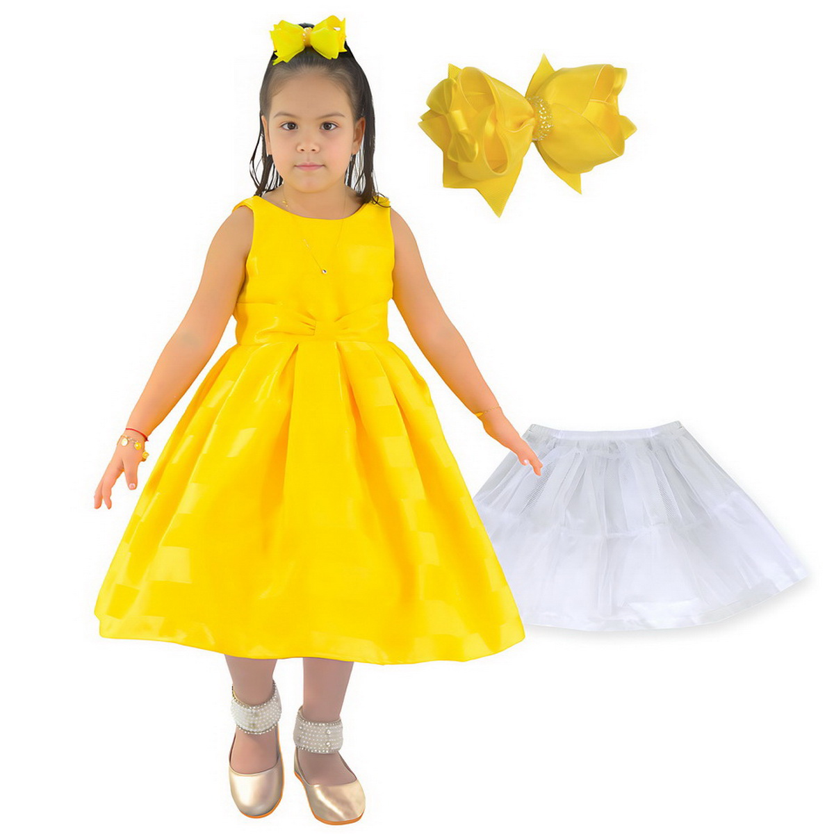 Kit Vestido Amarelo Ouro Infantil + Laço para cabelo + Saia de Filó