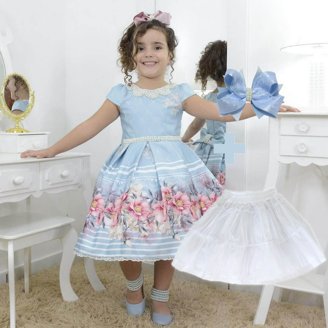 Kit Vestido infantil luxuoso azul floral + laço cabelo + saia filó