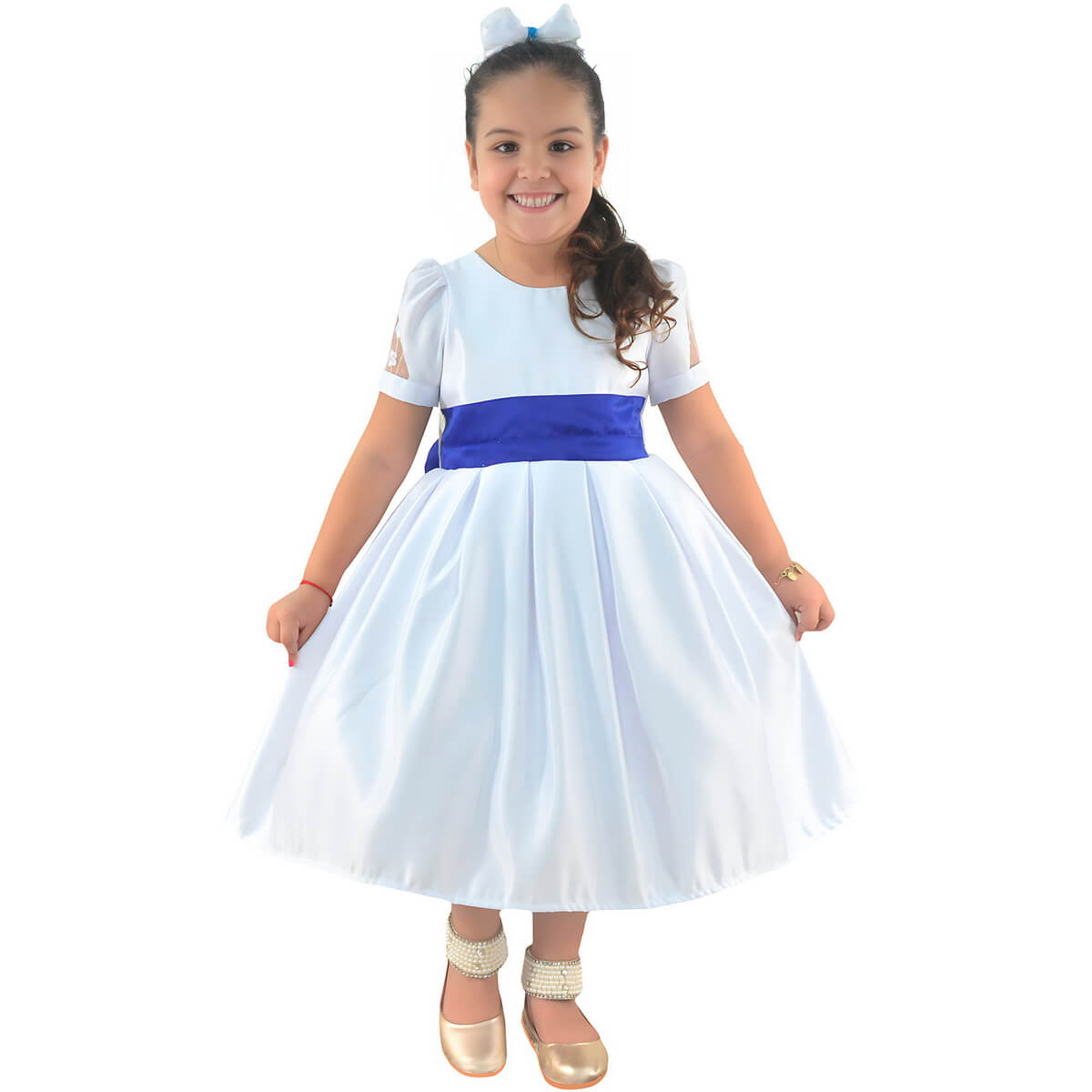 Vestido de Formatura Infantil ABC: Branco com Detalhes em Azul Royal
