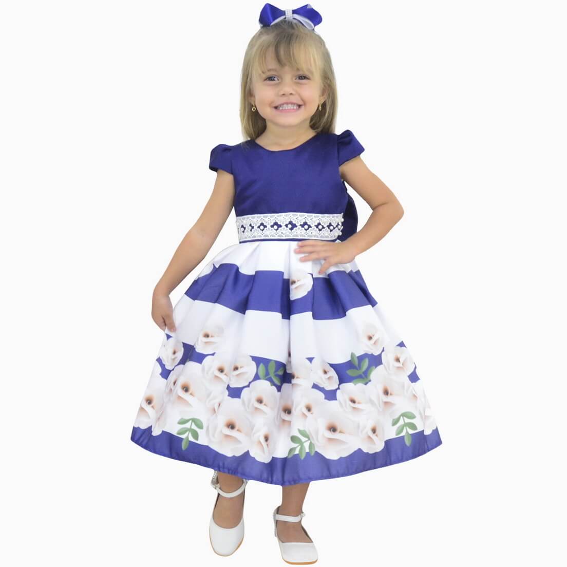 Vestido infantil Azul Marinho Com Rosas Branca, Casamento Formatura