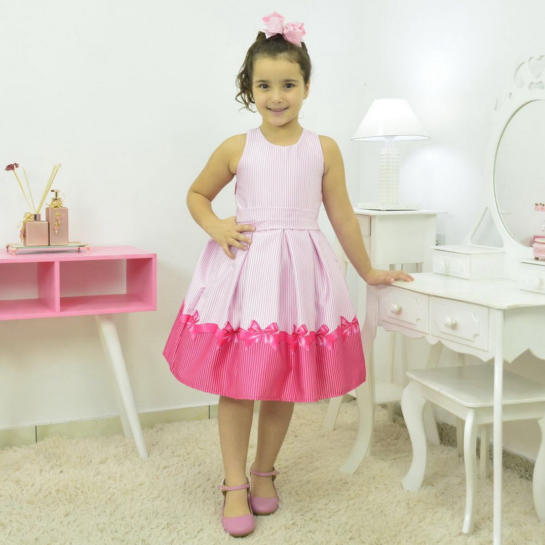 vestido infantil listrado tema  laço rosa pink