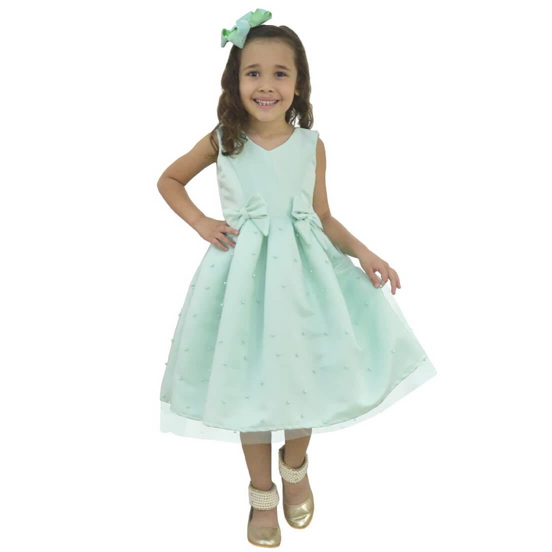 Vestido Verde Tiffany infantil Saia Tule com Pérolas, Formatura