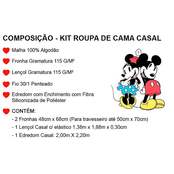 Kit Jogo de Cama Casal Mickey Amarelo - 4 Peças