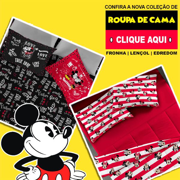 Jogo de Cama Casal Mickey e Minnie Love You Forever Black and Red - 3 Peças