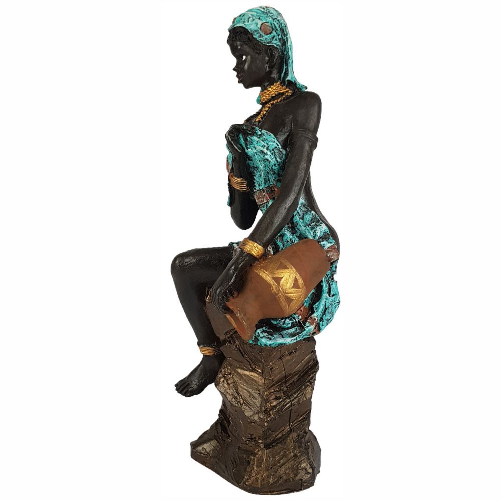 Escultura Africana Sentada Com Vaso Grande
