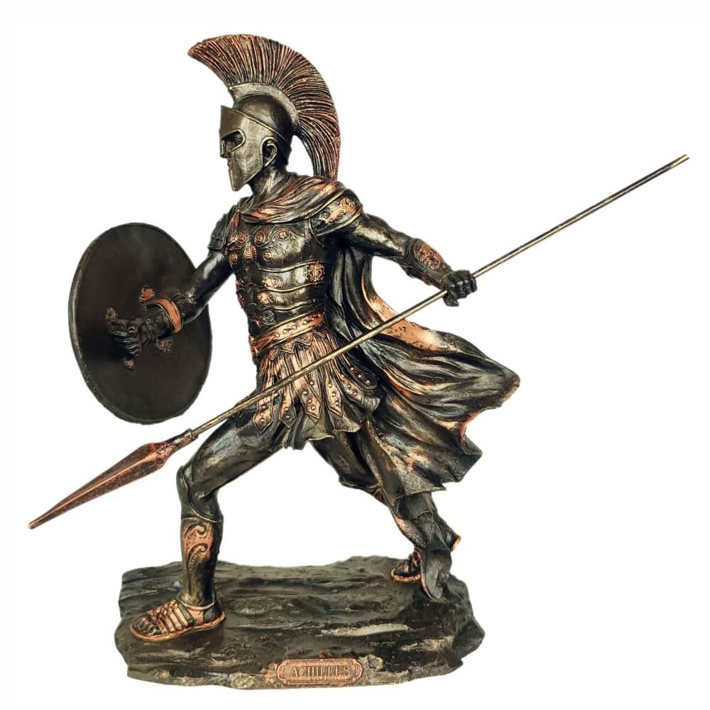 Escultura Aquiles Guerreiro com escudo e lança grande.
