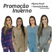Pijama de Plush Manga Longa Feminino + Brinde Pantufa