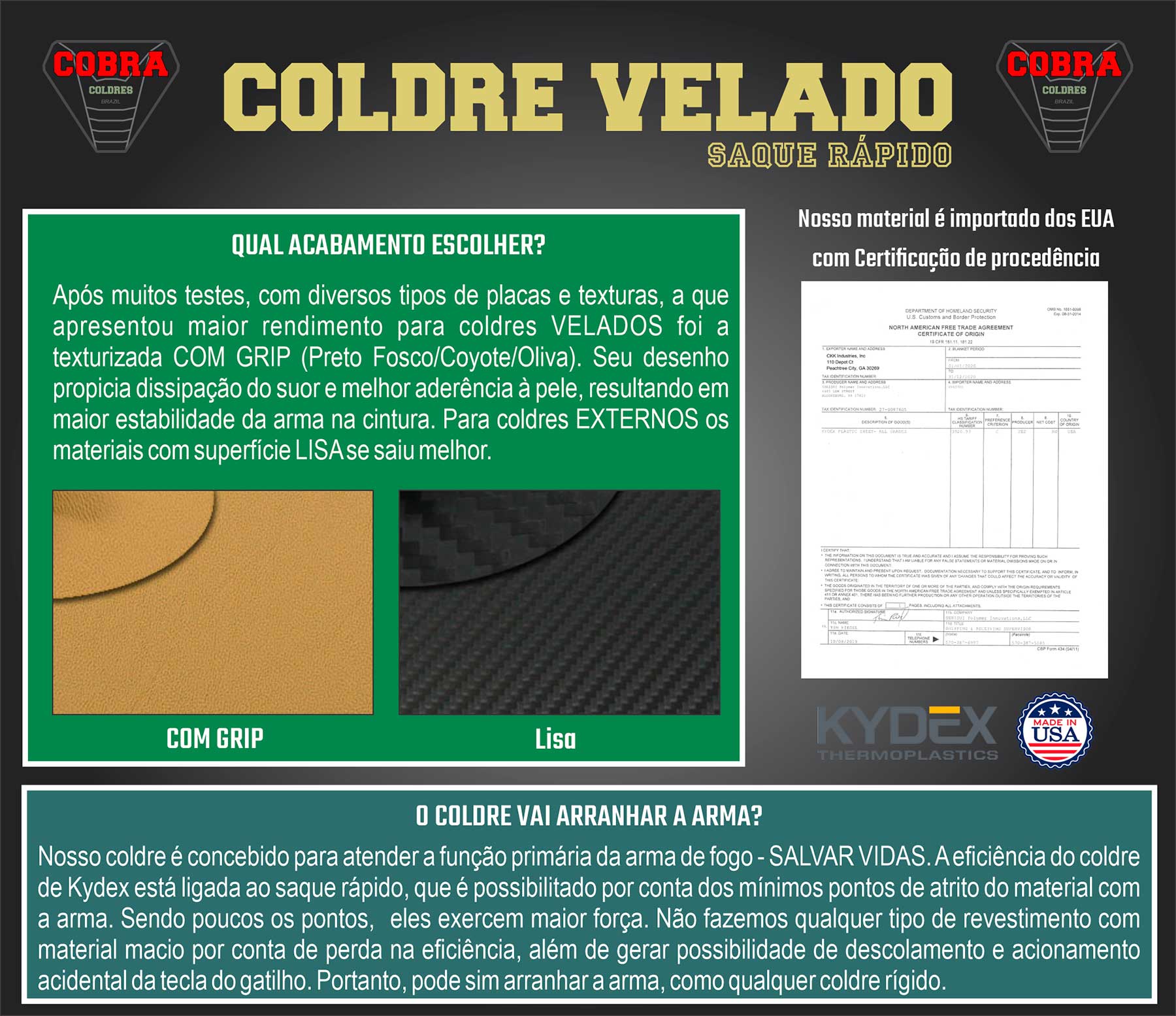 Coldre Cobra IWI [Jericho] [PL 941] - Jerichó Polímero 9mm - Cano 112mm - Saque Rápido Velado -  Kydex® 080 - Coyote