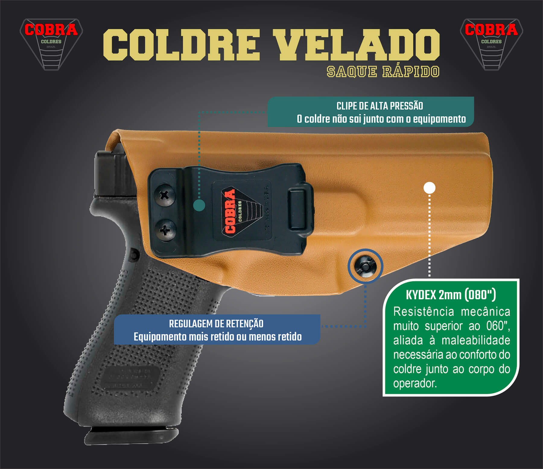 Coldre [G2c] 9mm e .40 Kydex + 2 Porta-Carregadores Universais - Saque Rápido Velado Kydex® 080 