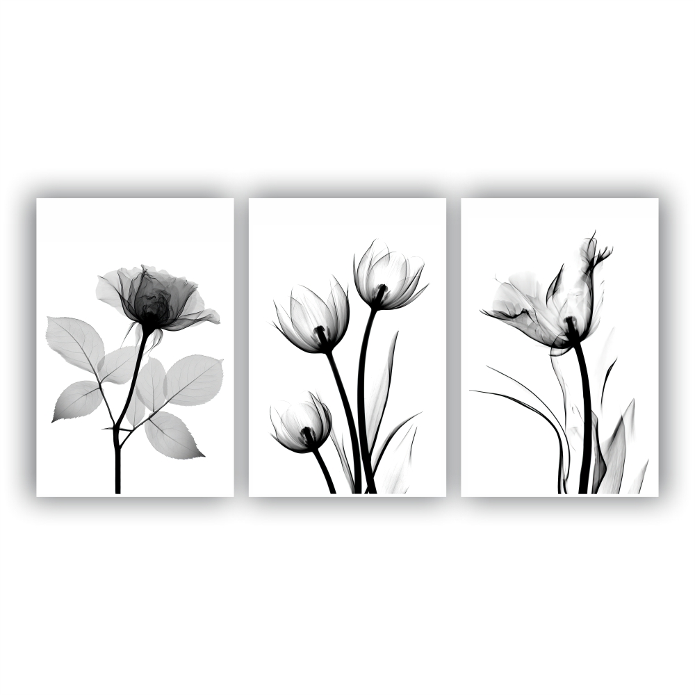 Quadros Decorativos quarto Floral Flores em Tons de Cinza Preto e Branco 60x40