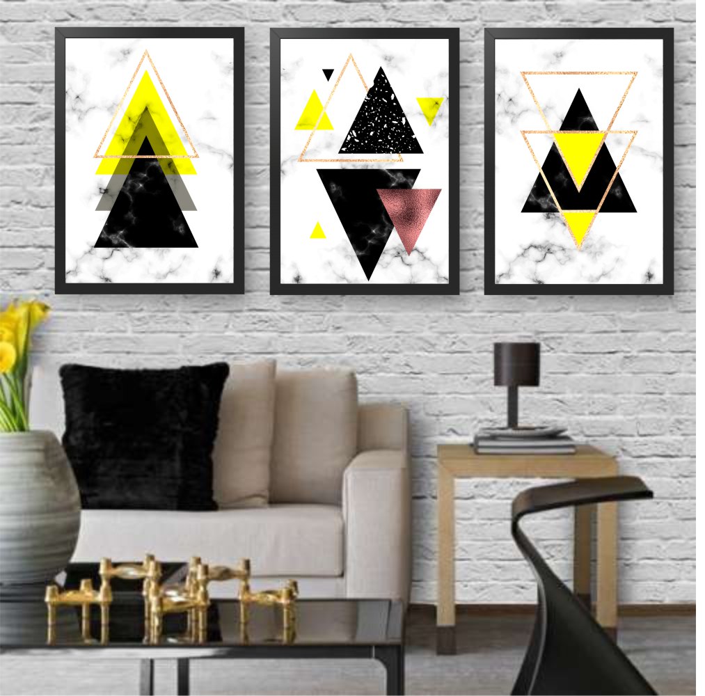 Quadro Decorativo 3 peças 60x40 com Moldura Geométrico Triângulos amarelo C/ Vidro