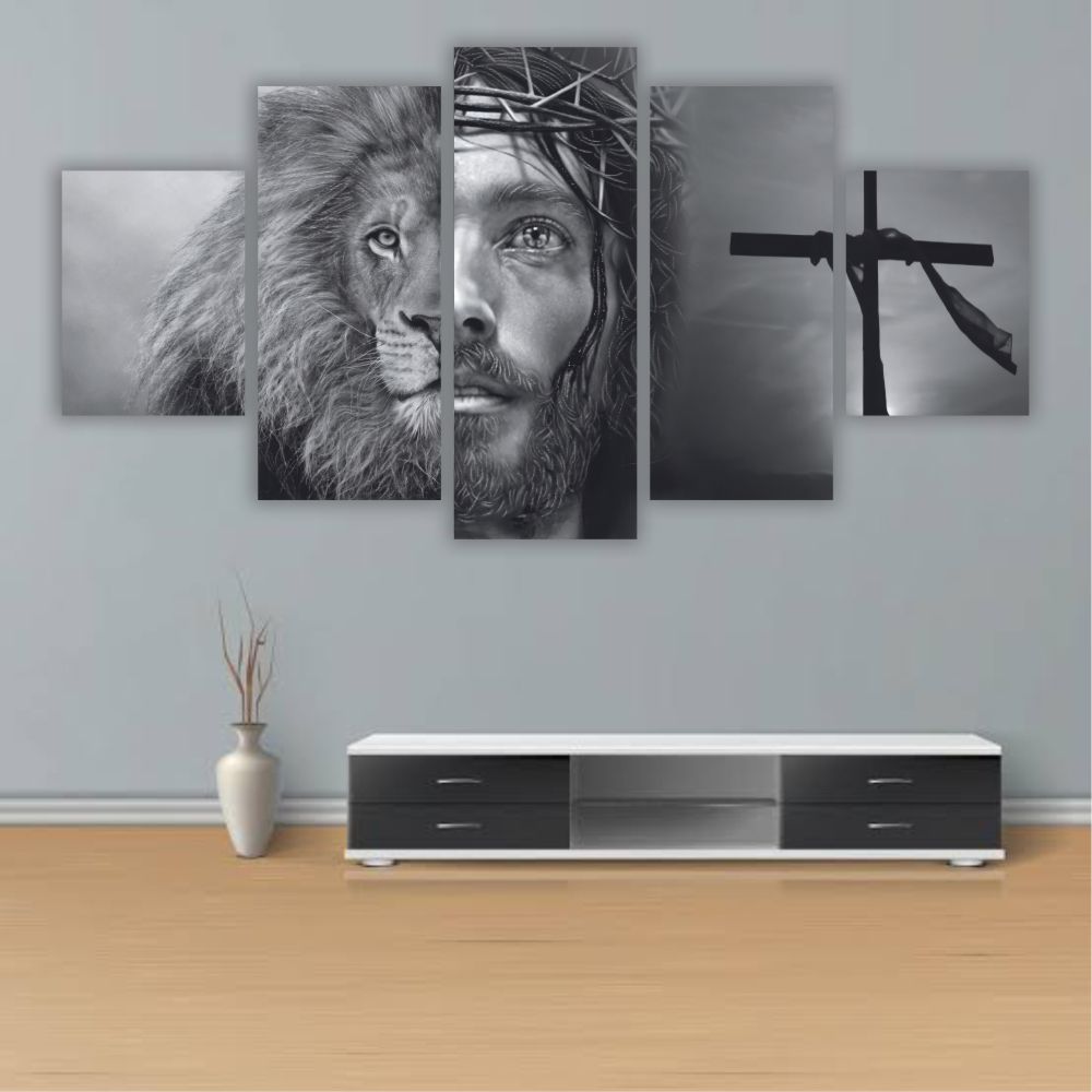 Quadros Decorativos MDF Leão Juda E Jesus Faces Preto e Branco