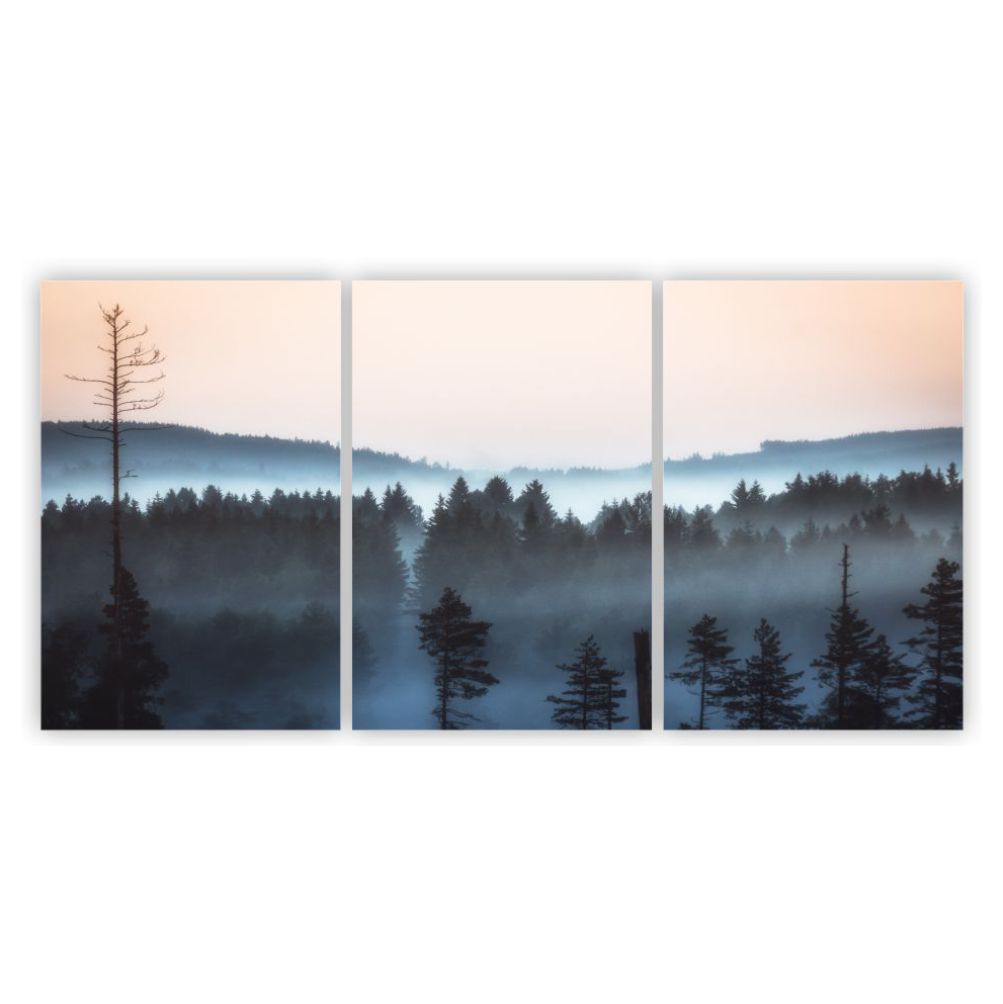 Quadros Decorativos MDF paisagem árvores pássaros e Neblina 80x60