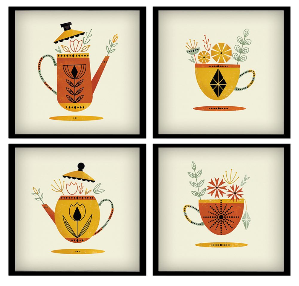 4 quadrinhos decorativos com moldura chá café da tarde cozinha área gourmet