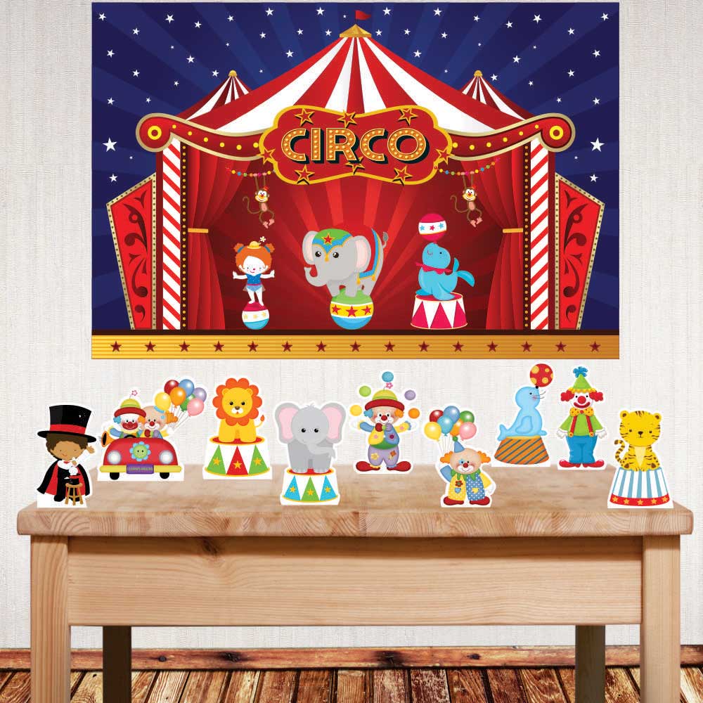 Kit festa Circo com displays de mesa e painel poli banner