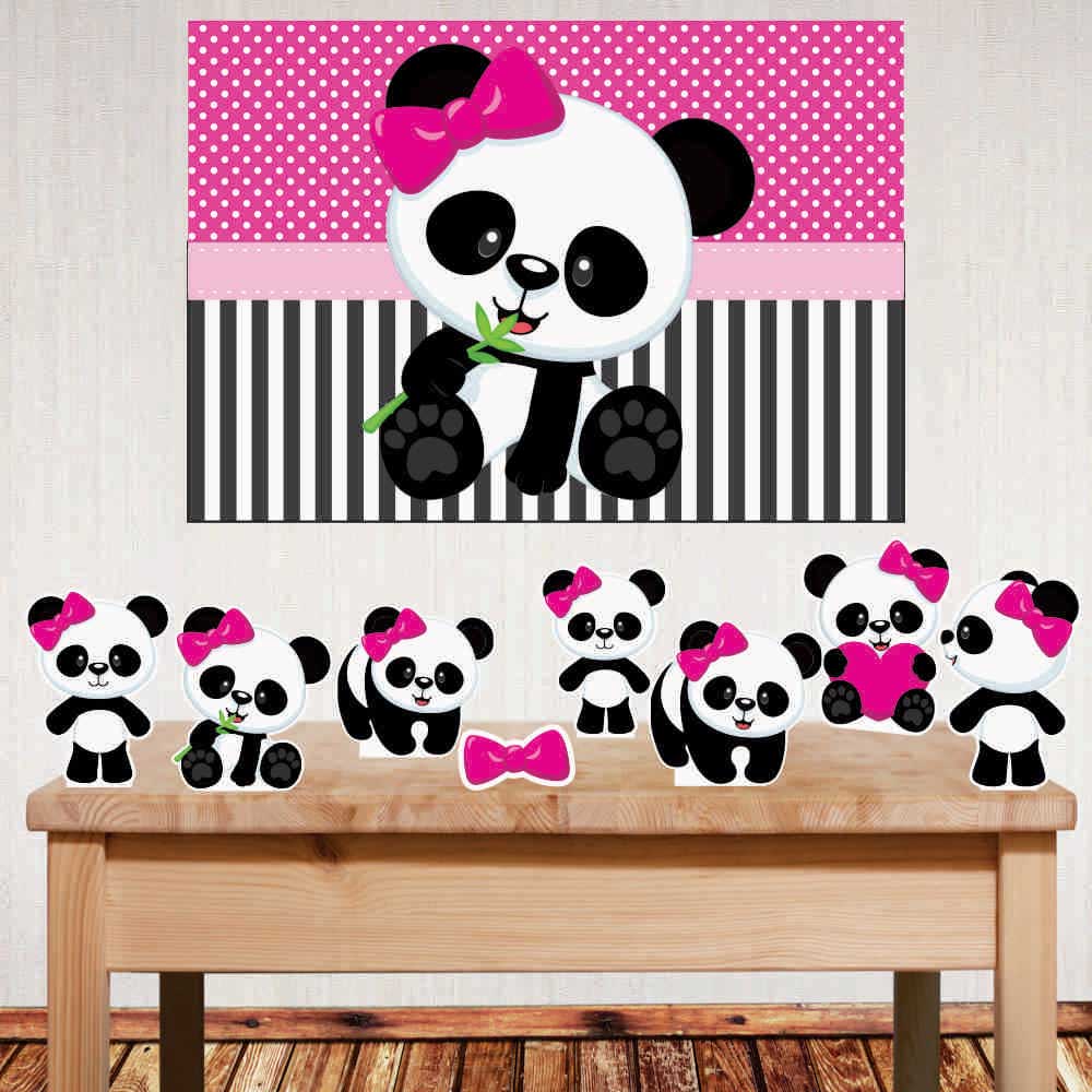 Kit festa Panda Rosa com displays de mesa e painel decorativo 