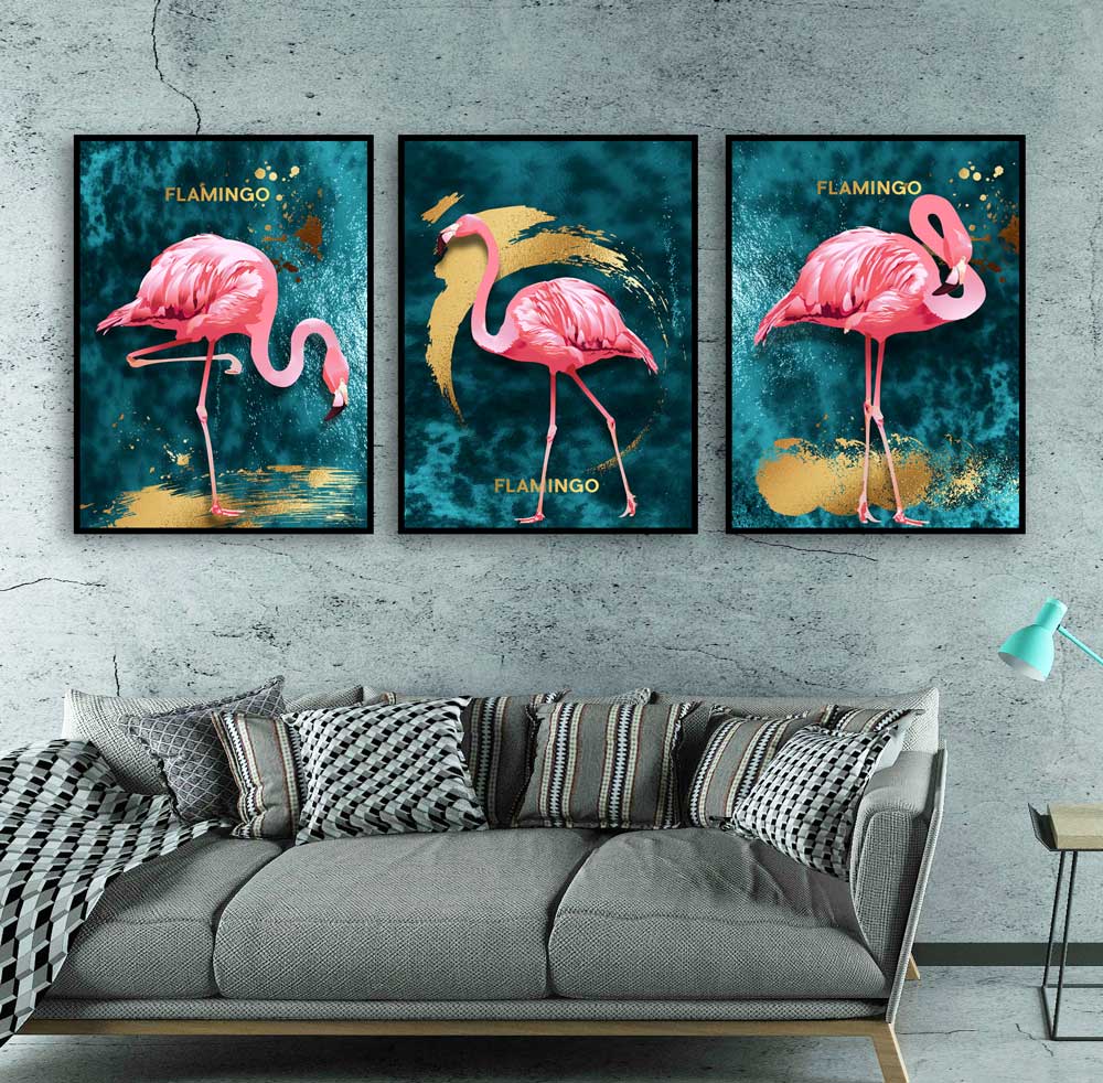 Trio de Quadros Decoração com moldura Quarto Sala Flamingos