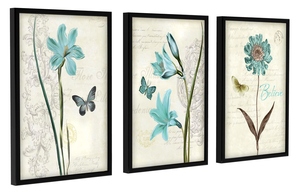 Trio de quadros decoração Sala Quarto Flores Azuis E Borboletas