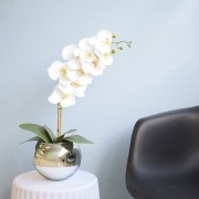 Arranjo de Orquídea Artificial Branca no Vaso de Vidro Prateado| Formosinha