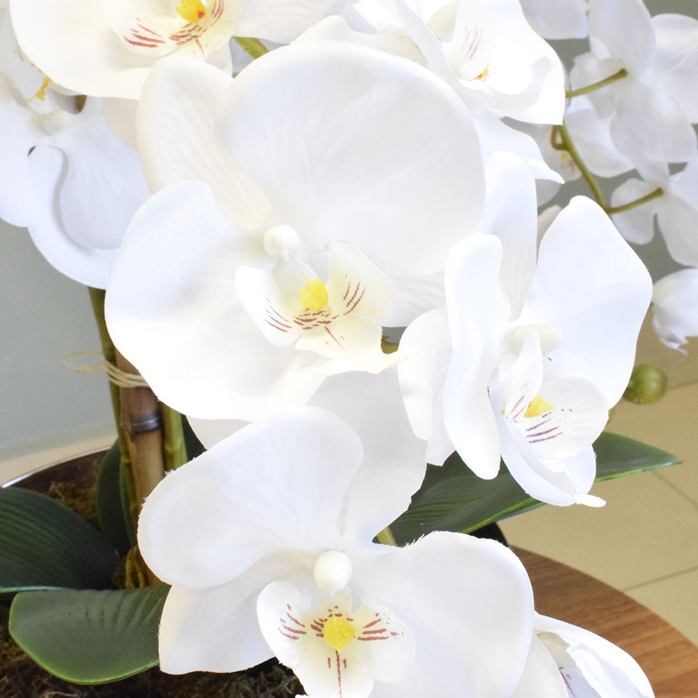Arranjo com Três Hastes de Orquídeas Brancas no Vaso Bronze