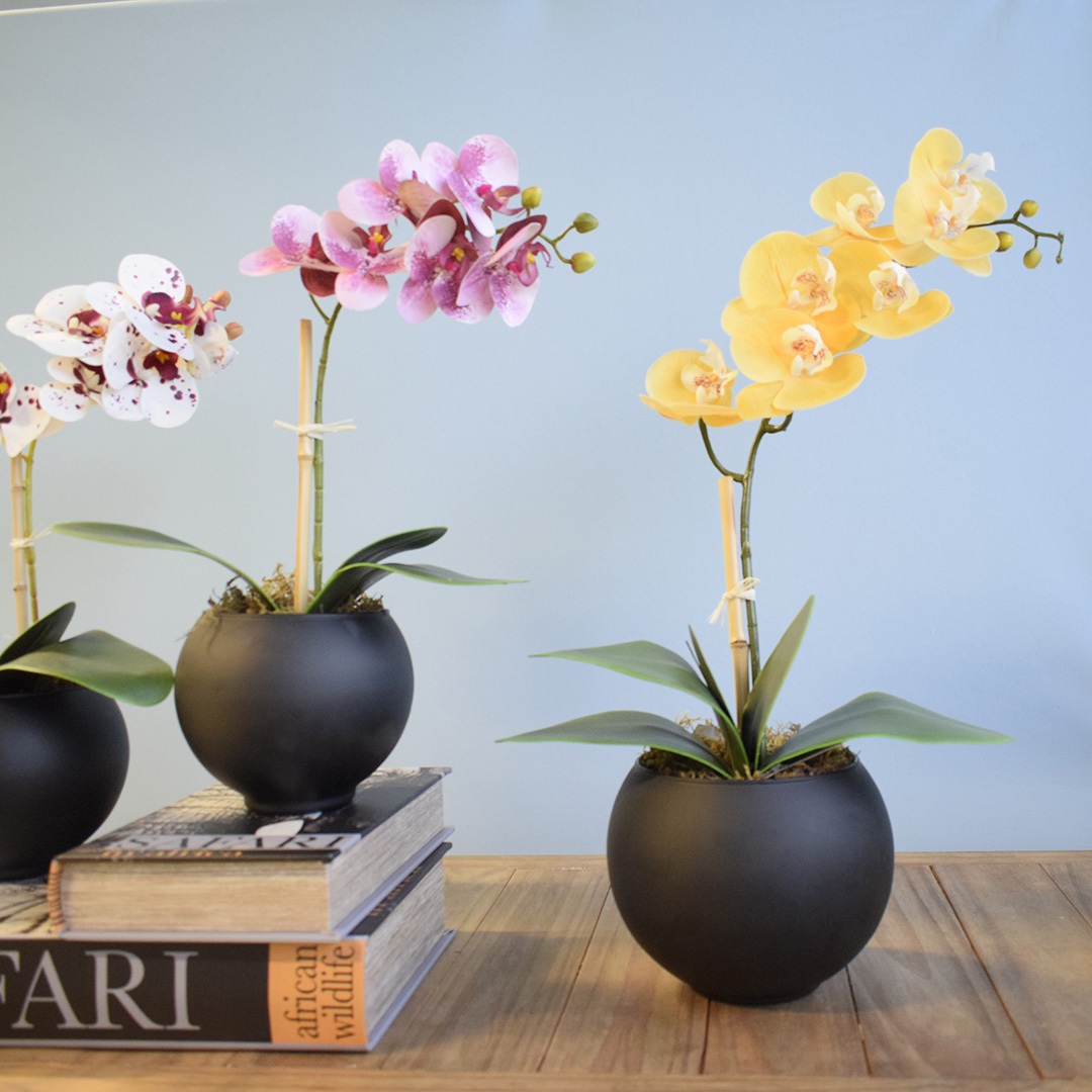 Arranjo de Orquídea Artificial Amarela no Vaso de Vidro Preto | Formosinha