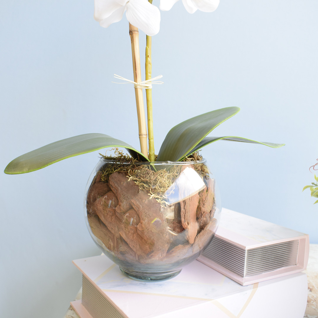 Arranjo Orquídea Artificial Branca no Vaso de Vidro P | Formosinha
