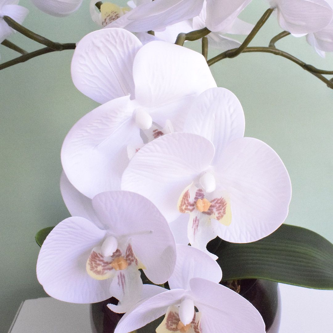 Flor Artificial Arranjo de 3 Orquídeas Silicone Brancas no Vaso Vidro Bronze | Formosinha