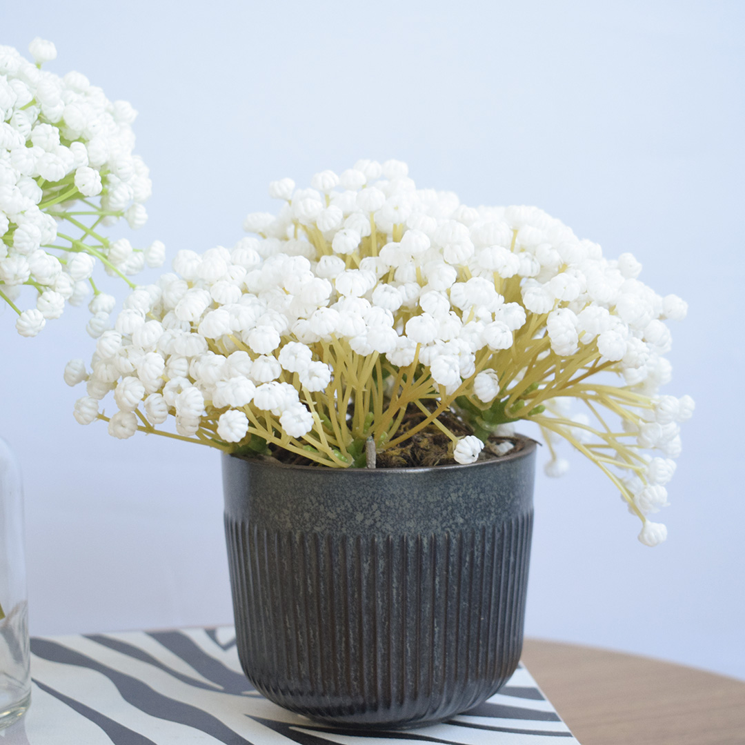 Arranjo Flor Artificial Mosquitinho Branca No Vaso Preto| Formosinha