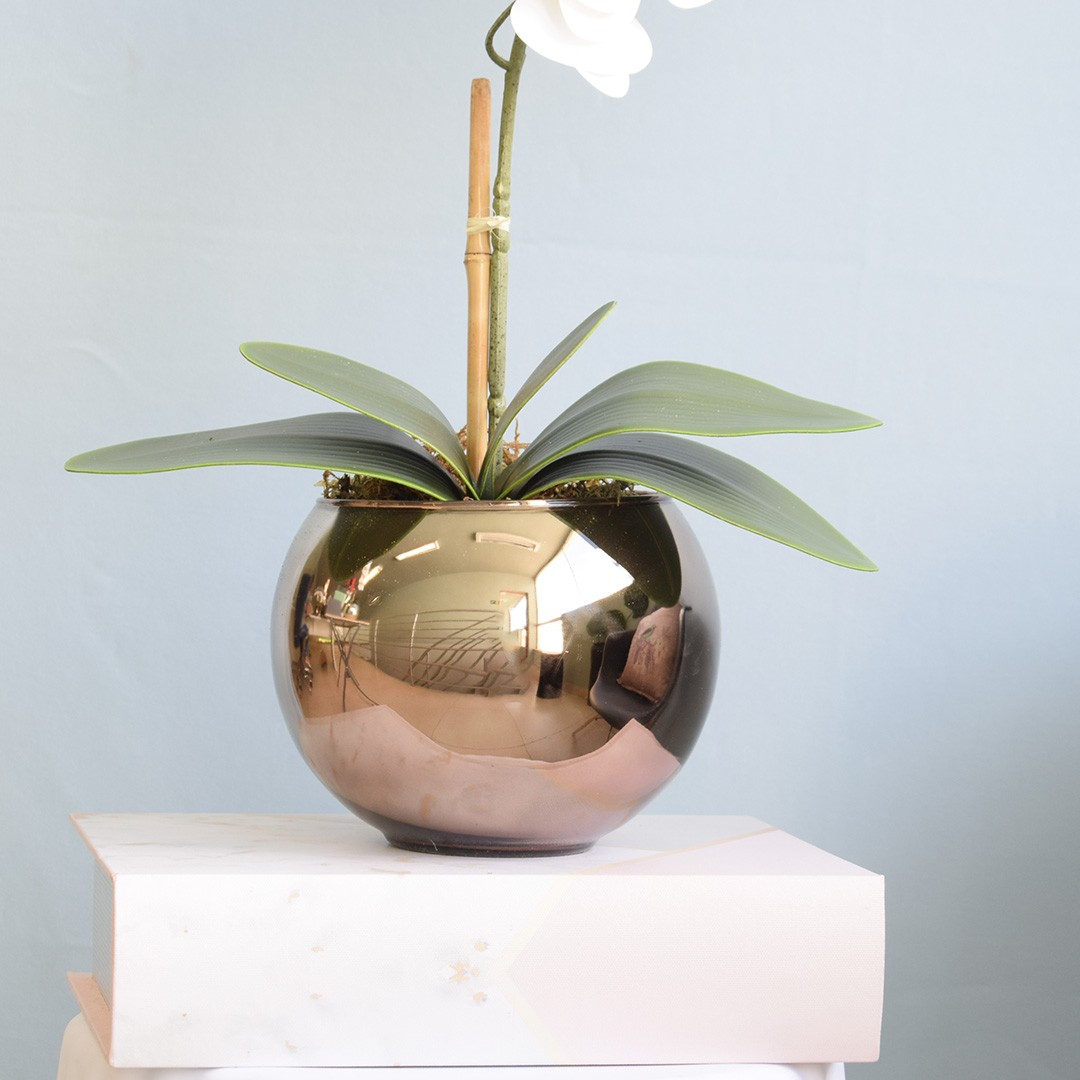 Arranjo Orquídea Artificial Branca no Vaso Bronze M Formosinha