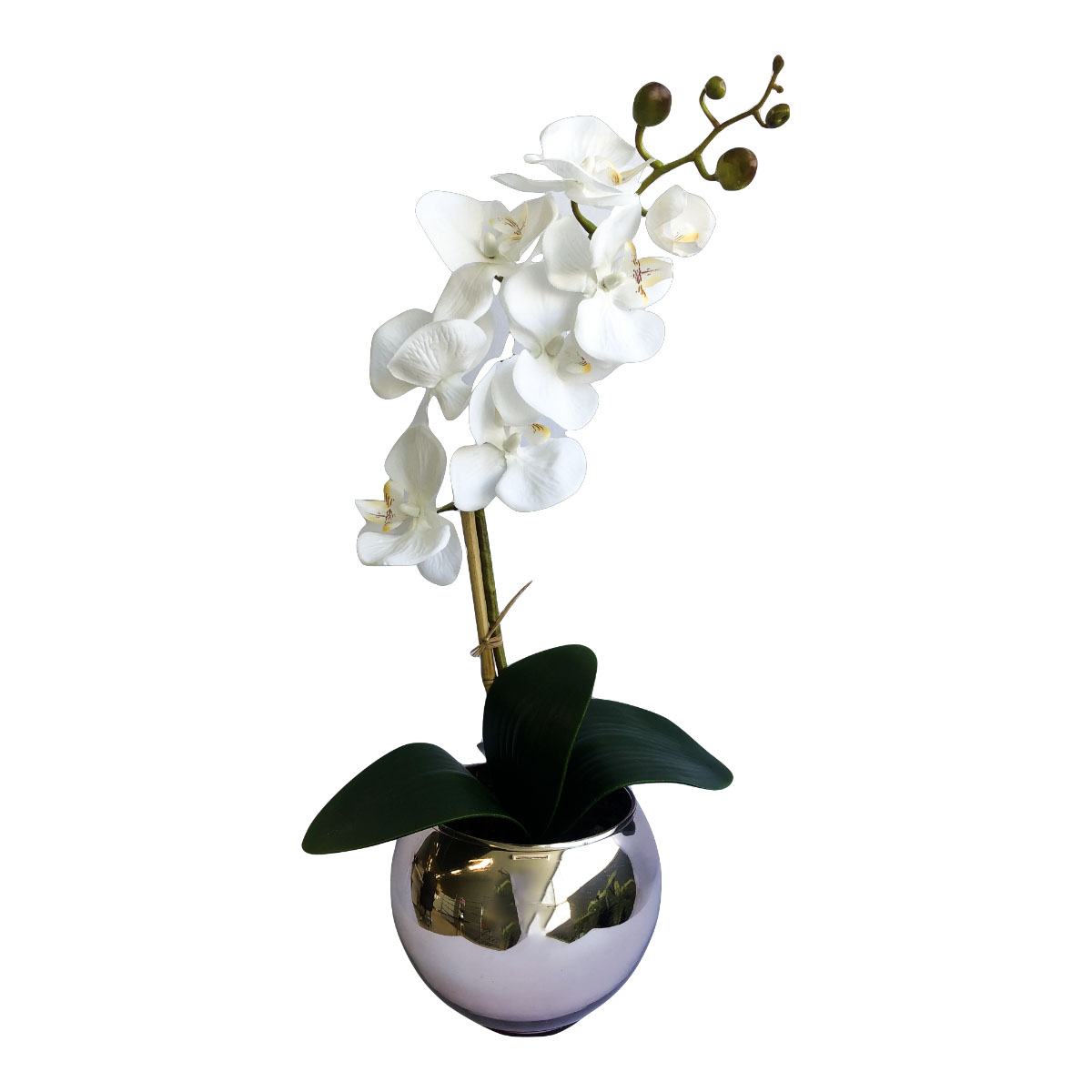 Arranjo de Orquídea Artificial Branca no Vaso Prateado | Formosinha
