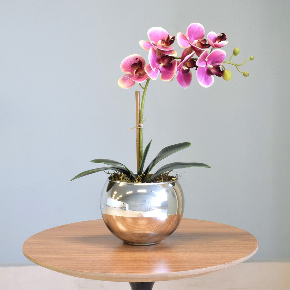 Arranjo de Orquídea Artificial Rosa no Vaso Prateado M | Formosinha