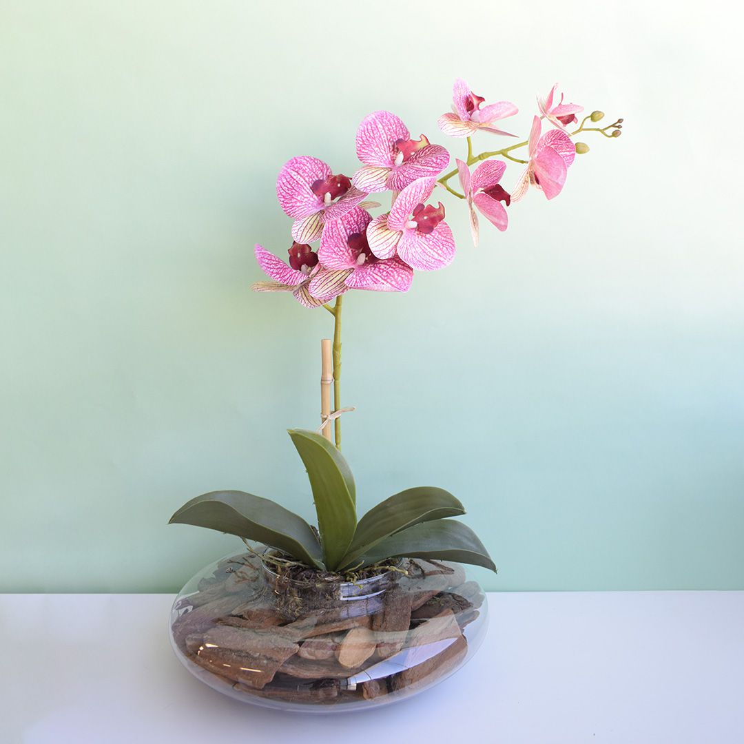 Arranjo de Orquídea Artificial Rosa no Vaso Vidro | Formosinha