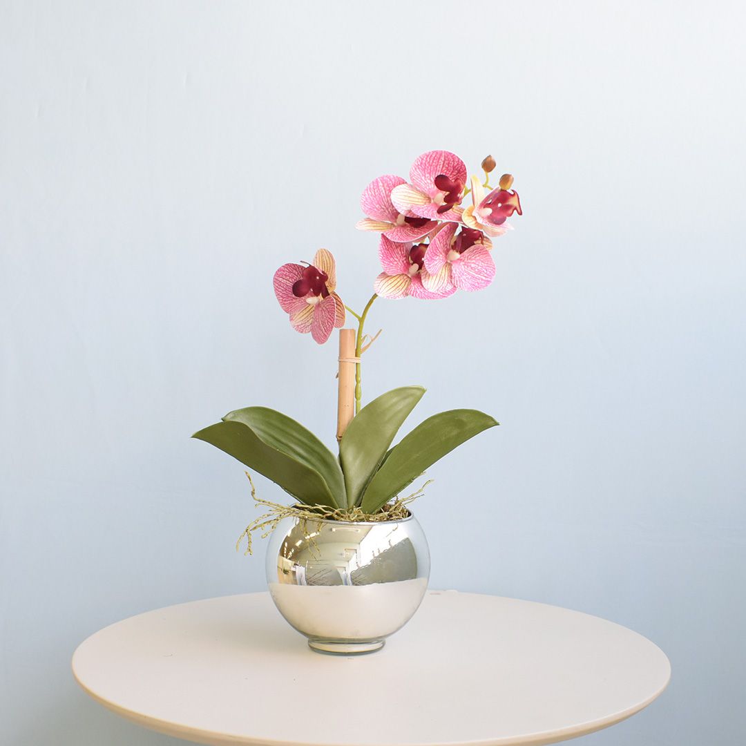 Arranjo Orquídea Artificial Rosa no Vaso Prateado P | Formosinha