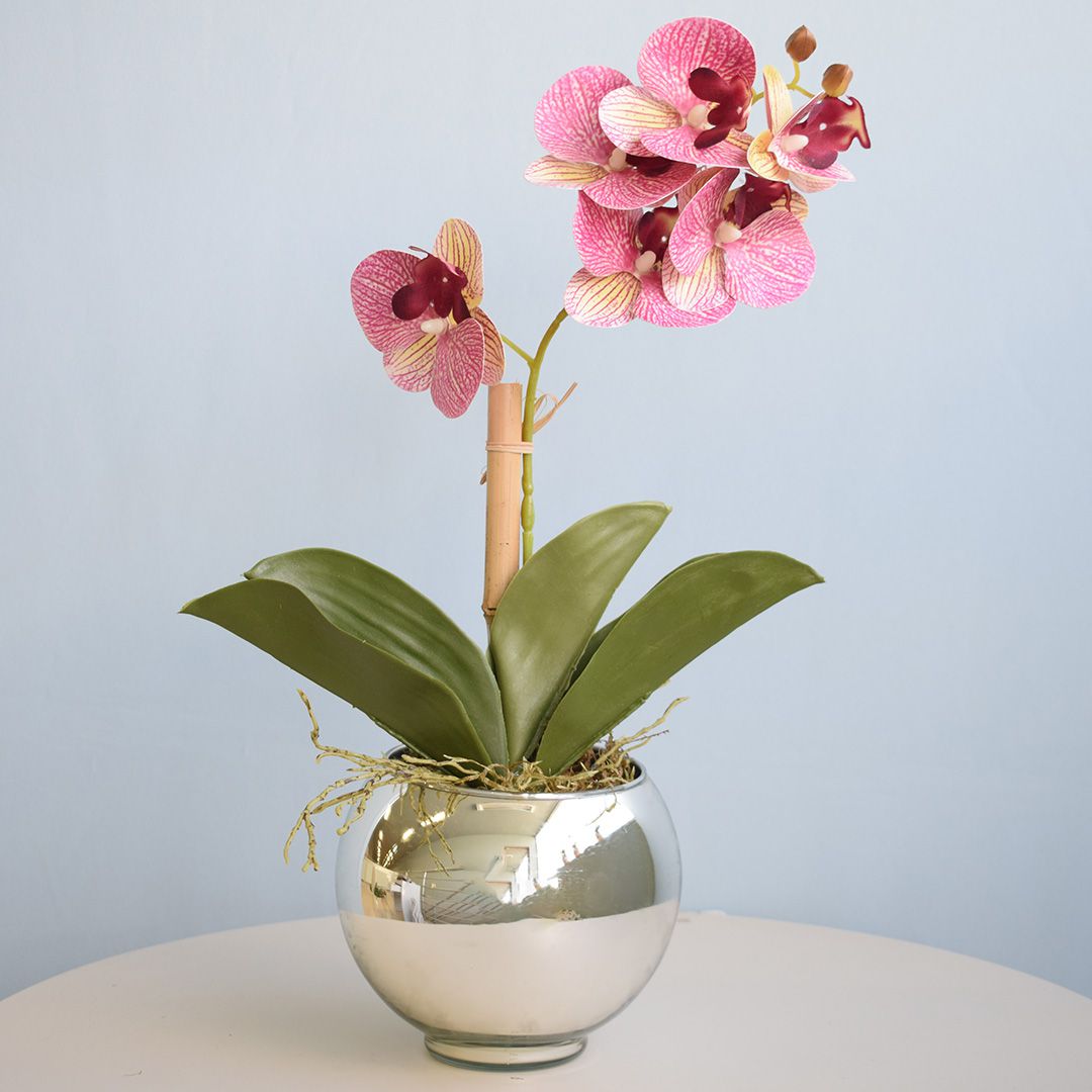 Arranjo Orquídea Artificial Rosa no Vaso Prateado P | Formosinha