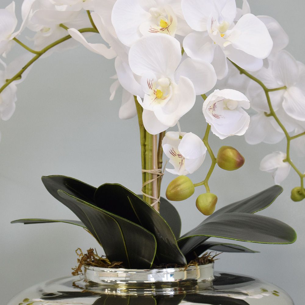 Flor Artificial Arranjo de Orquídeas Brancas no Vaso Prateado | Formosinha