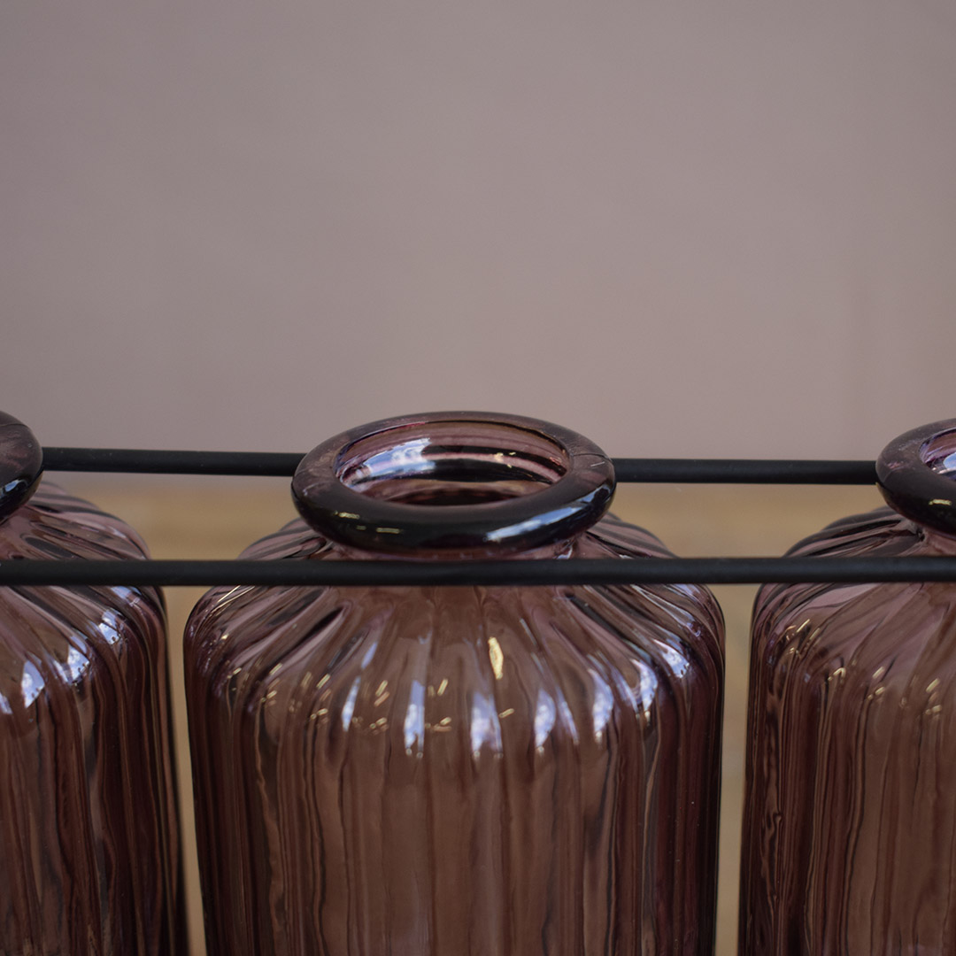 Vasos de Vidro Garrafinhas Lilás no Suporte de Metal Preto | Formosinha