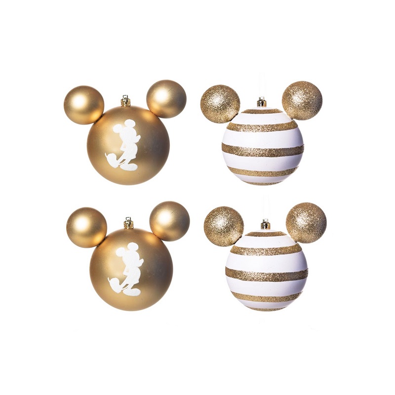 Kit C/4 Bolas de Natal 8cm - Mickey Listras Dourado e Branco