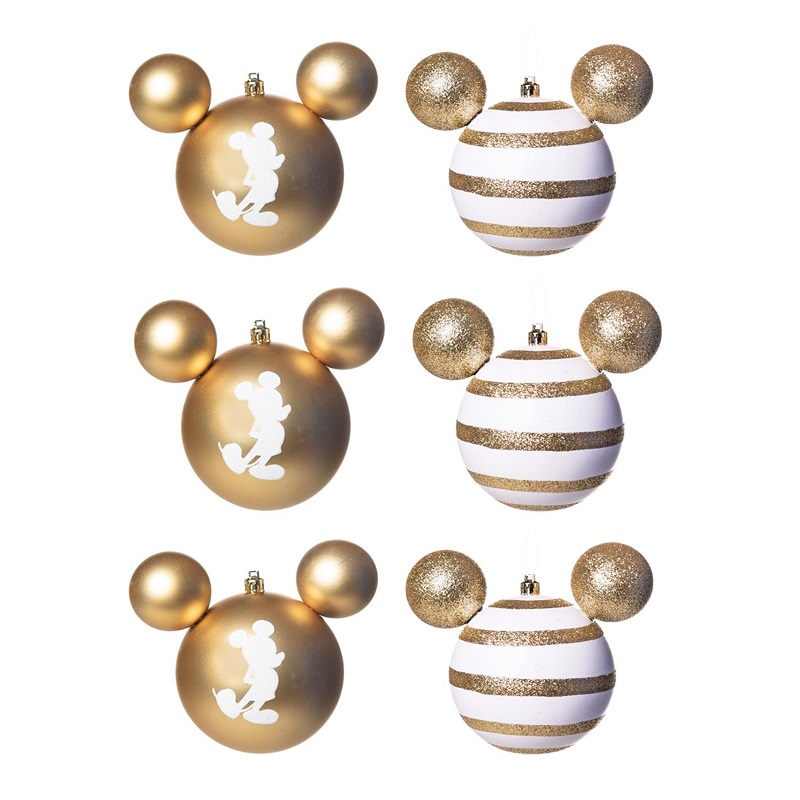 Kit C/6 Bolas de Natal 6cm - Mickey Listras Dourado e Branco