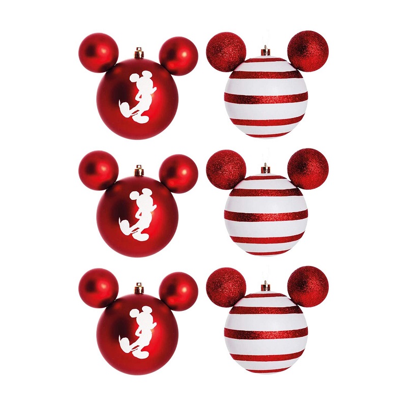 Kit C/6 Bolas de Natal 6cm - Mickey Listras Vermelho e Branco